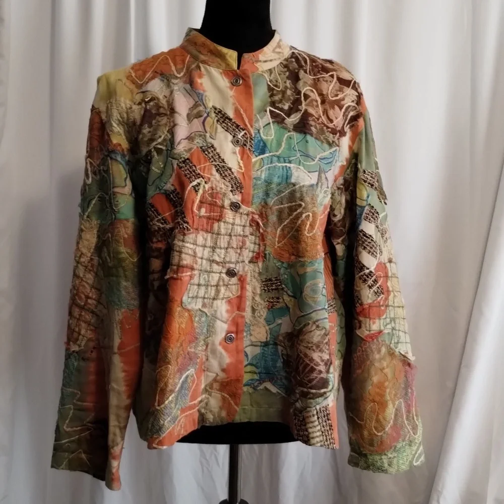 Chico's mandarin button front tapestry patchwork cotton loose fitting jacket top - Picture 2 of 10